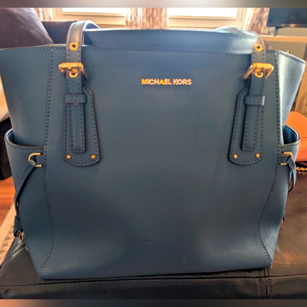 Michael Kors Blue Structured Tote with Gold Hardware